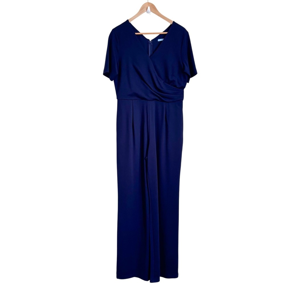 J. McLaughlin Surplice Womens Wide Leg Faux Wrap Jumpsuit Size M Navy Elegant